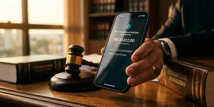 Smartphone exibindo valor de Pix alto sobreposto a um martelo de juiz