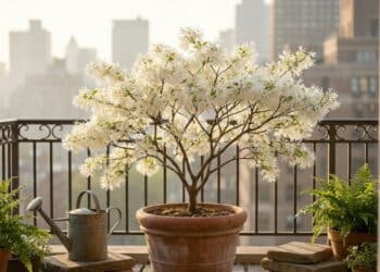 A pequena árvore que cresce em vasos, com flores perfumadas e que floresce como uma nuvem de neve