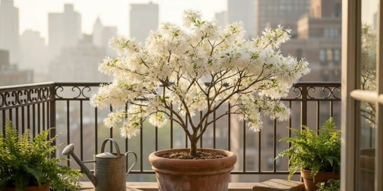 A pequena árvore que cresce em vasos, com flores perfumadas e que floresce como uma nuvem de neve