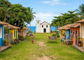 O Quadrado, oficialmente Praça São João, é um grande gramado retangular cercado por casinhas coloridas que preservam o traçado original da aldeia jesuíta. / Imagem ilustrativa