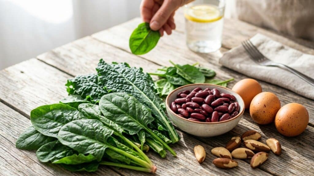 Alimentos ricos em ferro e vitaminas organizados sobre uma mesa de madeira