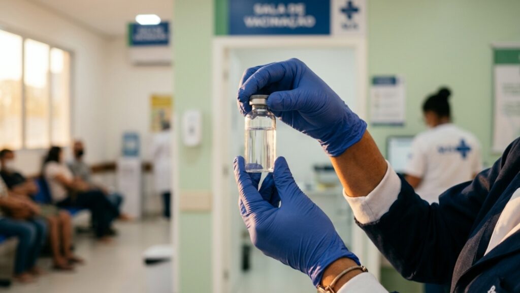 Frasco de vacina sob luz clara e límpida em uma unidade do SUS