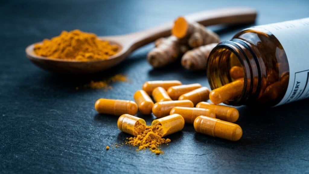 Cápsulas de cúrcuma espalhadas sobre mesa escura com pó e raiz ao fundo, ilustrando o alerta de toxicidade da Anvisa