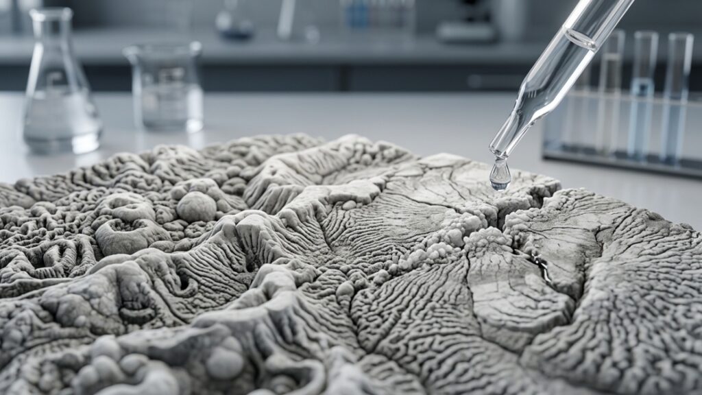 Textura do material ESM sendo reparado com enzimas