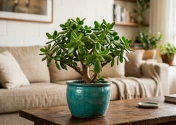 Planta-jade em vaso de cerâmica sob luz dourada na sala