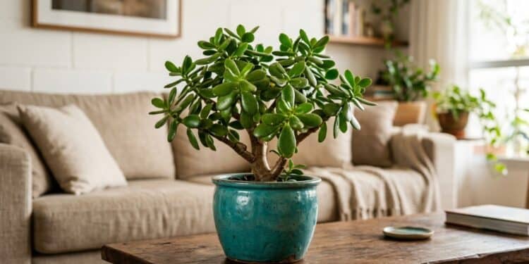 Planta-jade em vaso de cerâmica sob luz dourada na sala