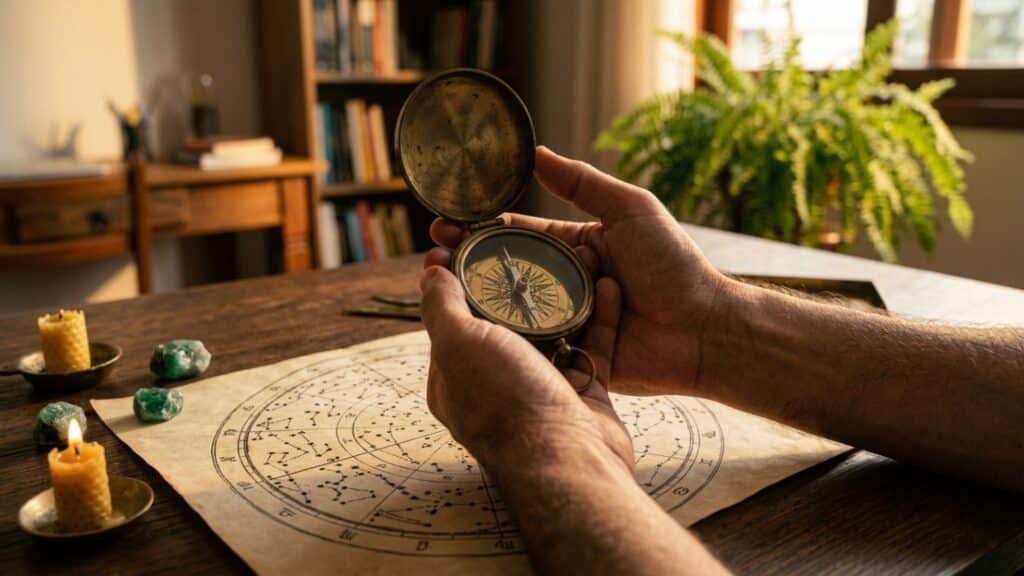 Mãos seguram bússola antiga sobre mapa estelar iluminado pelo sol, representando o poder de escolha dos signos