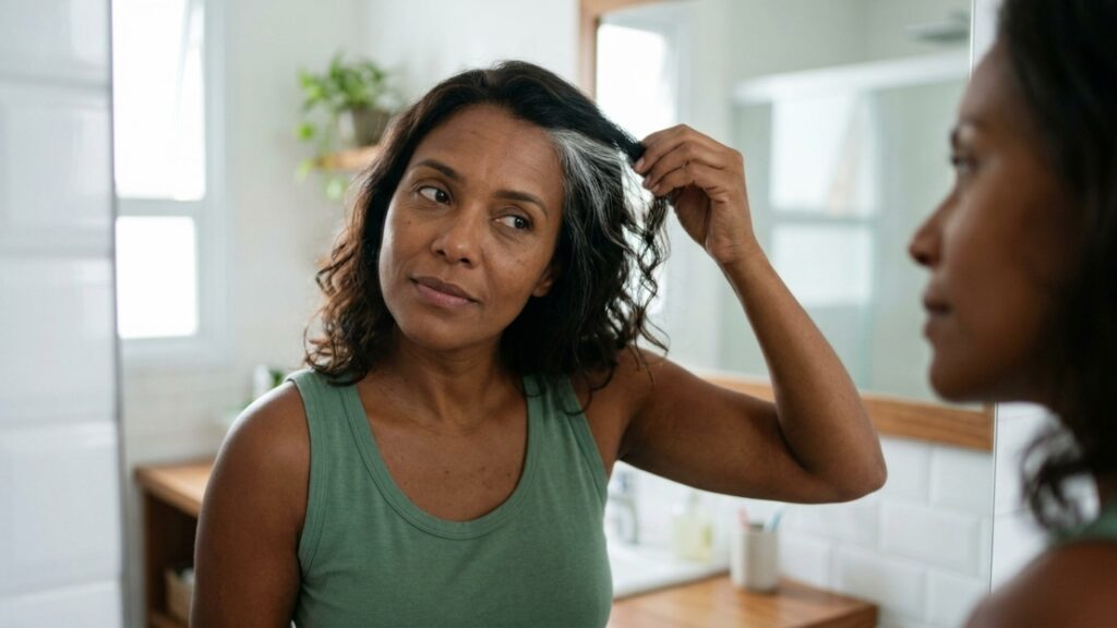Mulher brasileira observa os primeiros fios brancos no espelho com serenidade