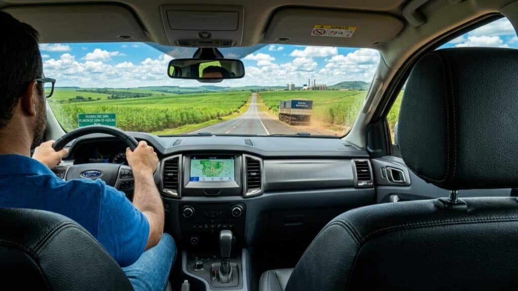 Motorista observa vasta plantação de cana-de-açúcar em Mato Grosso, destacando a origem do etanol regional