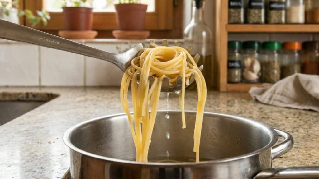 Por que a colher de espaguete tem um furo no meio e para que serve?