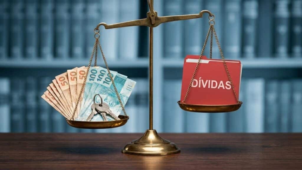 Balança de latão comparando bens e dívidas do espólio sobre uma mesa