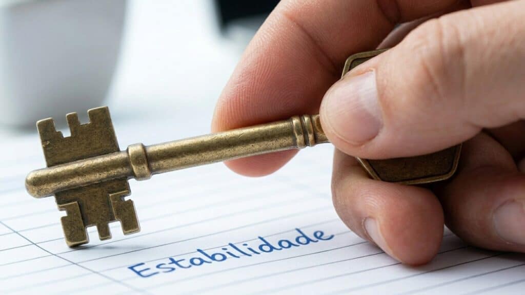 Mão segura chave sobre livro de contas, representando a segurança financeira