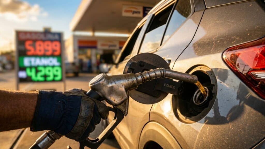 Bico de combustível abastecendo carro em posto sob luz solar, simbolizando a escolha entre etanol e gasolina