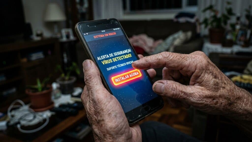 Detalhe das mãos de uma idosa prestes a tocar em um aplicativo falso