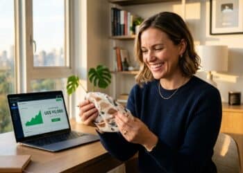 Empreendedora sorrindo com seu produto e faturamento ao fundo