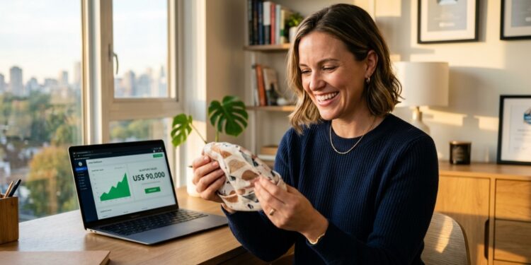 Empreendedora sorrindo com seu produto e faturamento ao fundo