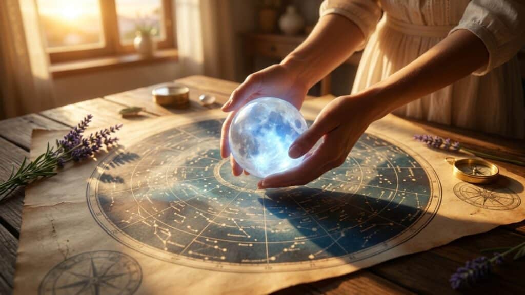 Mãos seguram pedra da lua sobre mapa astral iluminado pelo sol