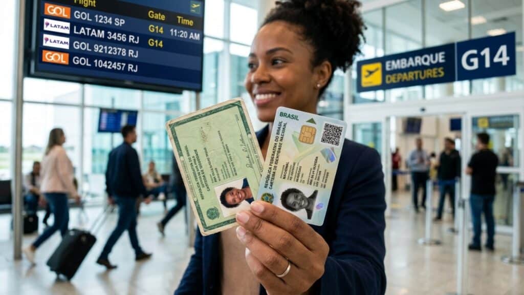 Viajante segura o RG antigo e a nova identidade em aeroporto moderno