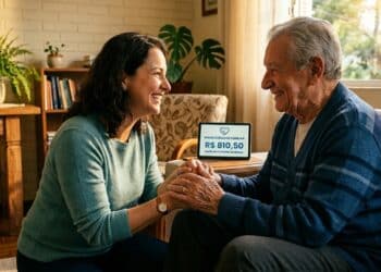 Cuidadora e idoso em momento de carinho em uma sala iluminada pelo sol
