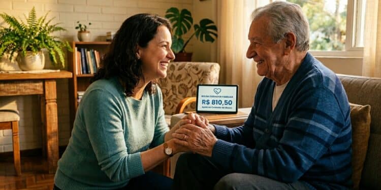 Cuidadora e idoso em momento de carinho em uma sala iluminada pelo sol