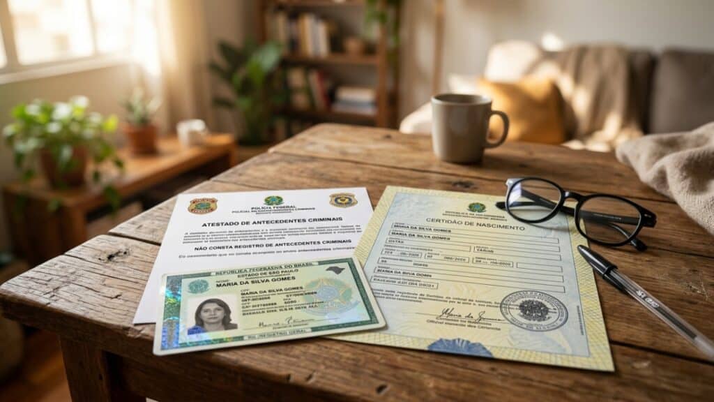 Documentos essenciais para imigração organizados sobre uma mesa de madeira