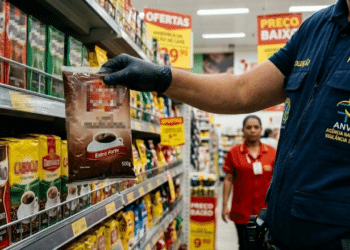 Agente Anvisa retirando produto da prateleira - Imagem puramente ilustrativa