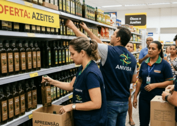 Agentes da Anvisa removendo azeites da prateleira de supermercado - Imagem meramente ilustrativa