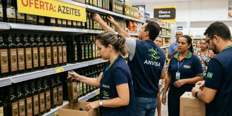 Agentes da Anvisa removendo azeites da prateleira de supermercado