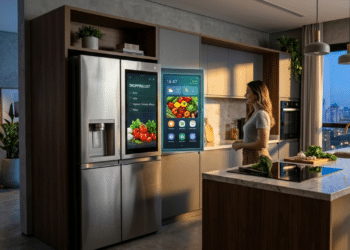 Geladeira inteligente futurista com tela interativa em uma cozinha moderna