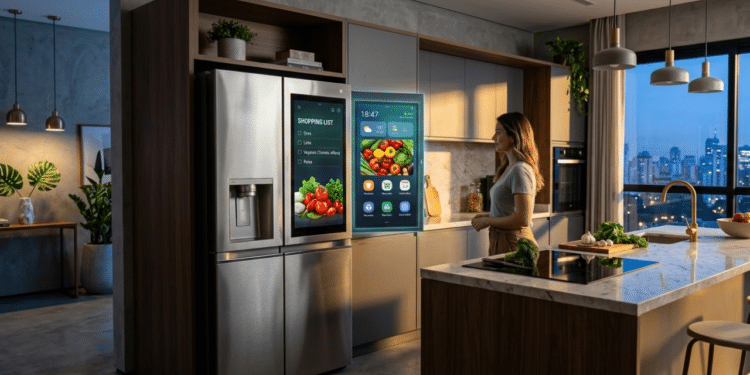 Geladeira inteligente futurista com tela interativa em uma cozinha moderna