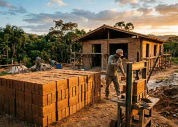 Pilha de blocos ecológicos e prensa manual sob a luz do pôr do sol