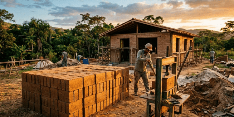 Pilha de blocos ecológicos e prensa manual sob a luz do pôr do sol