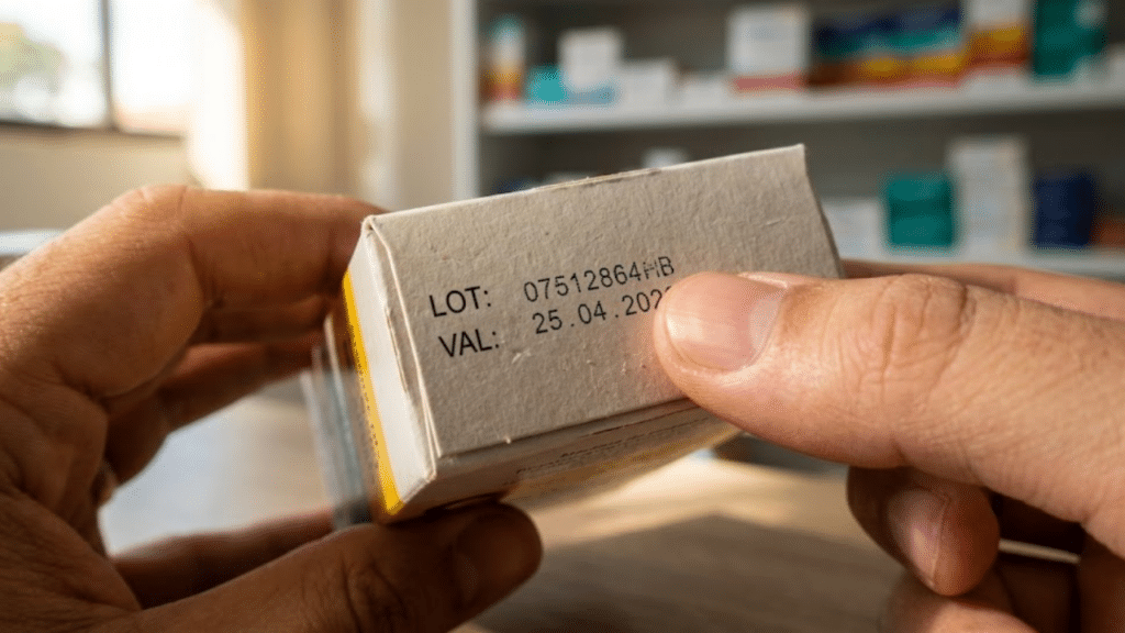 Close-up de uma mão conferindo o número do lote em uma caixa de remédio
