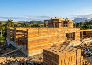 Paredes de terra compactada exibindo camadas naturais sob o sol