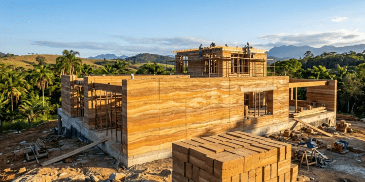 Paredes de terra compactada exibindo camadas naturais sob o sol