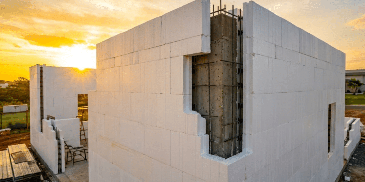 Parede de ICF com núcleo de concreto sob a luz do pôr do sol