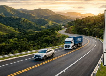 Trecho revitalizado da BR-040 com nova sinalização sob a luz do pôr do sol