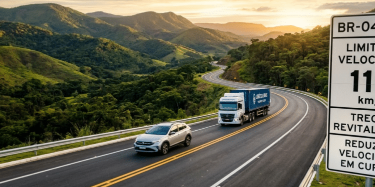 Trecho revitalizado da BR-040 com nova sinalização sob a luz do pôr do sol