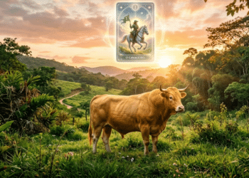 Touro em um campo sereno sob a influência da carta do Cavaleiro