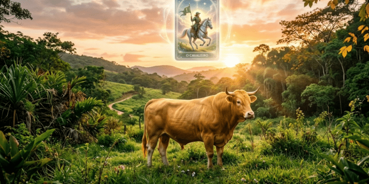 Touro em um campo sereno sob a influência da carta do Cavaleiro