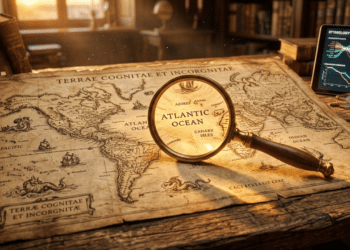 Mapa antigo e lupa sob luz dourada simbolizando a busca etimológica