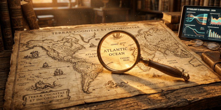 Mapa antigo e lupa sob luz dourada simbolizando a busca etimológica