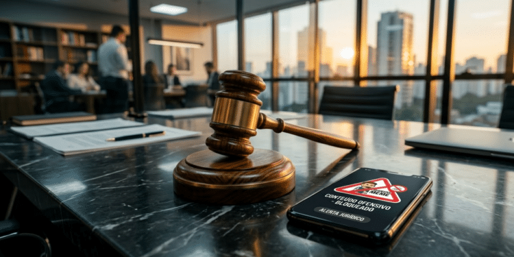 Martelo da justiça e telemóvel exibindo alerta sobre meme ofensivo