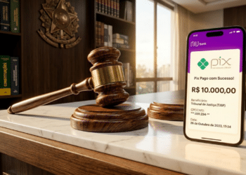 Martelo da justiça e telemóvel exibindo transação Pix de alto valor