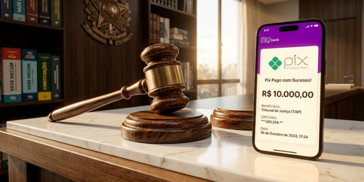 Martelo da justiça e telemóvel exibindo transação Pix de alto valor