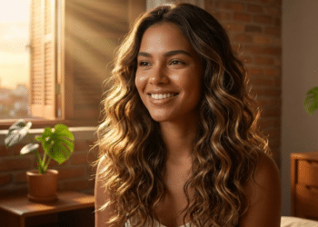 Mulher sorridente exibindo cabelos com ondas naturais e iluminadas pelo sol