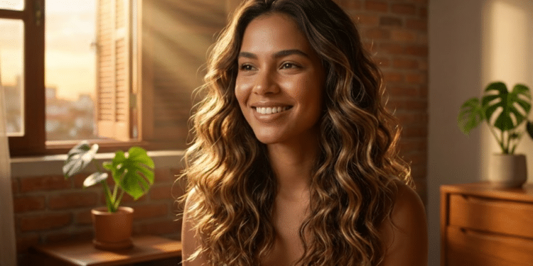 Mulher sorridente exibindo cabelos com ondas naturais e iluminadas pelo sol