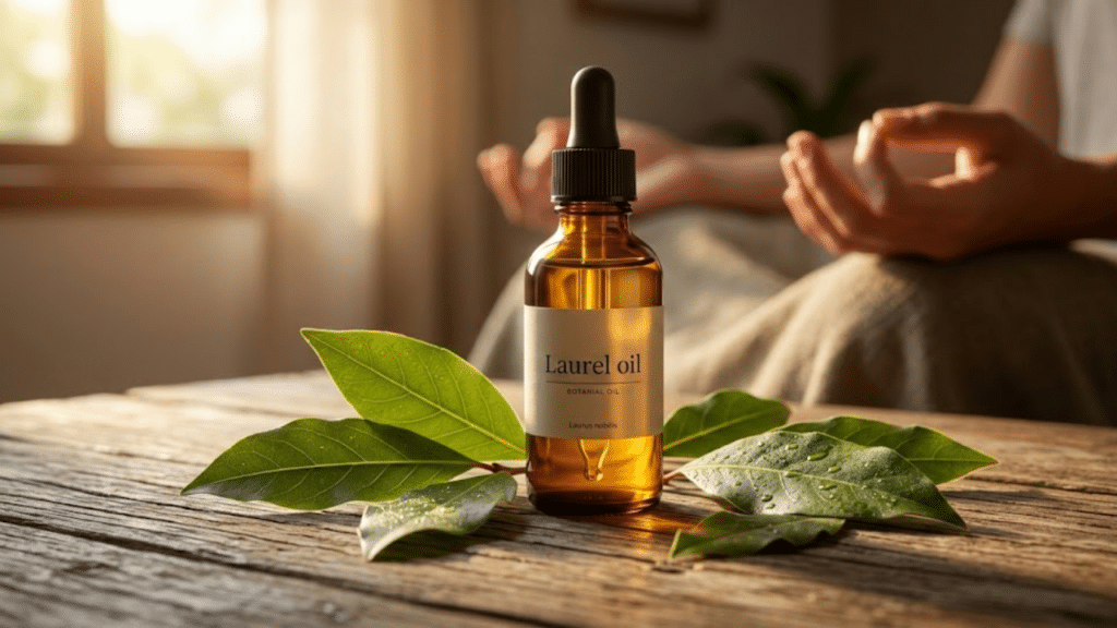 Frasco de óleo de louro e folhas frescas sob luz solar suave
