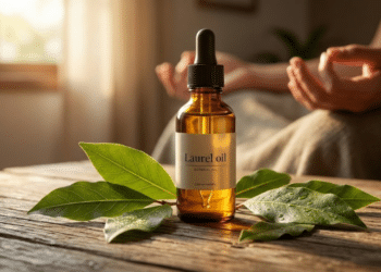 Frasco de óleo de louro e folhas frescas sob luz solar suave