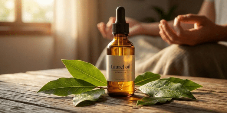Frasco de óleo de louro e folhas frescas sob luz solar suave